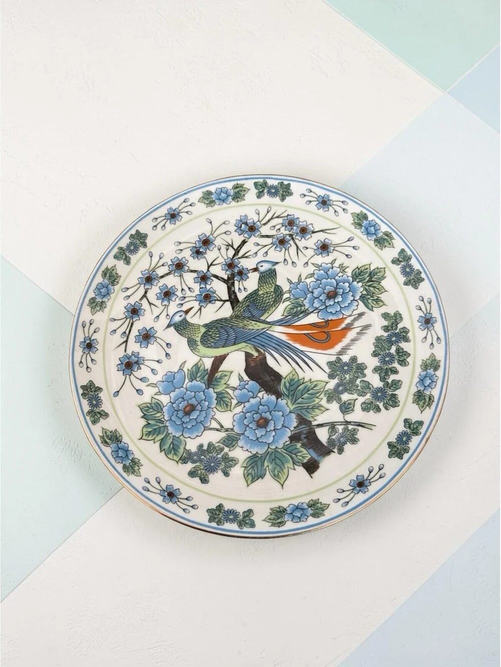 Vintage Japanese Porcelain Peacock Wall Plate Blue White Floral Japan